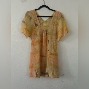 Anthropologie Ume Painted Watercolor Peach Silk Tunic Mini‎ Dress 4 Artsy Fairy